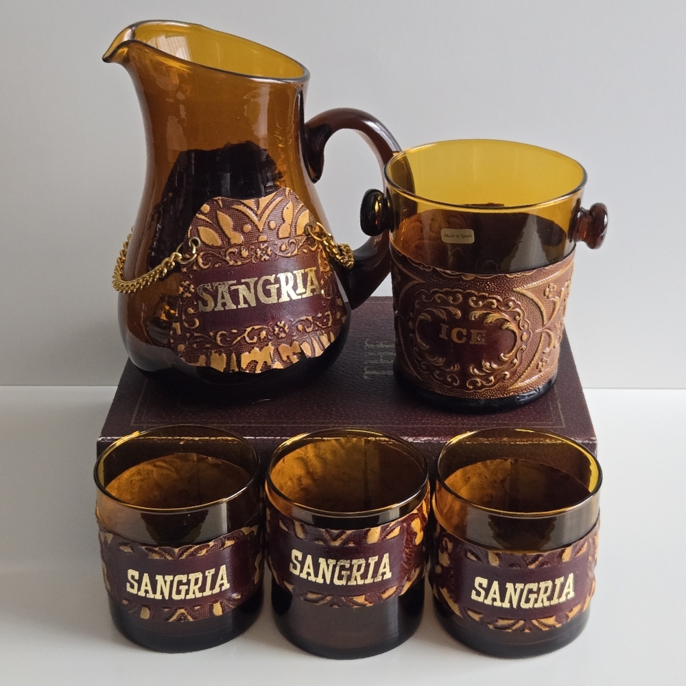 Vintage 70's Amber Sangria Barware Set Made In Spain